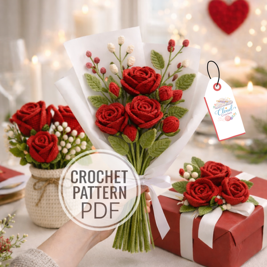 Crochet Flower Bouquet - Rose, Leaves & Buds Pattern - PDF Digital Download